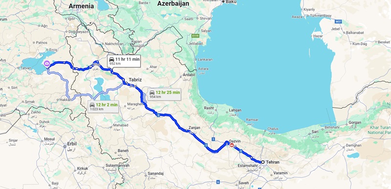 مسیر از تهران تا وان در کشور ترکیه