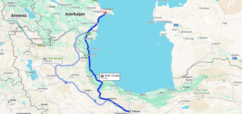 مسیر از تهران تا باکو